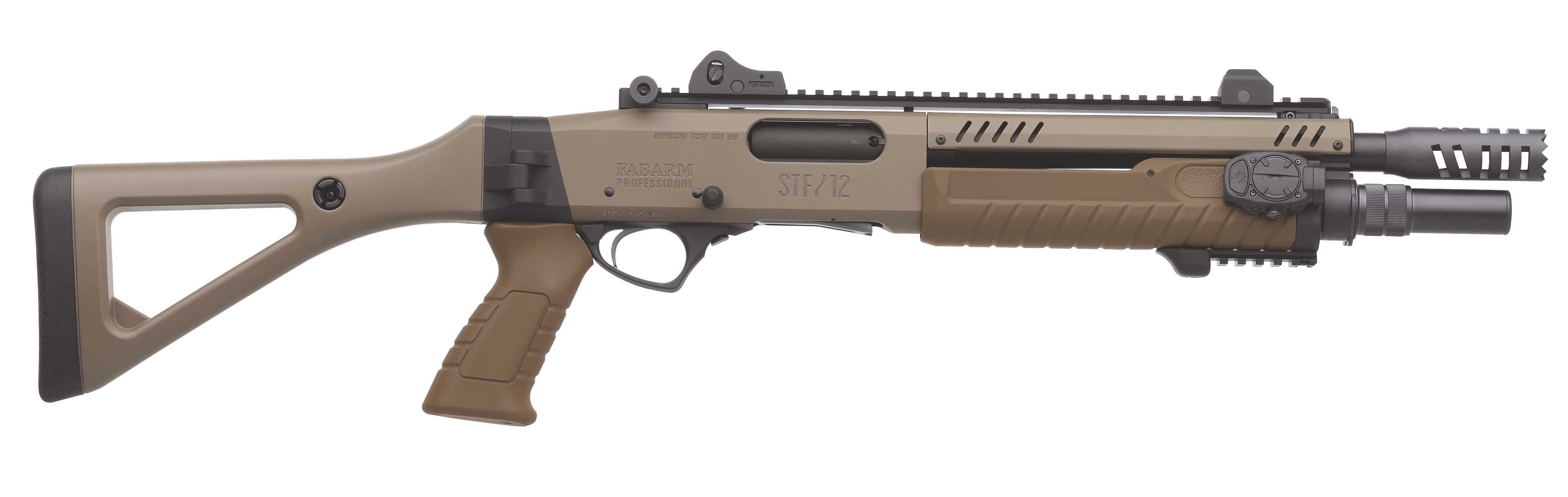 Vorderschaftrepetierer Fabarm STF/12 Compact 12/76 , F.E (Flat Earth), 11" Lauf, Law Enforcement Version mit zusätzlichen Rails 9 und 3 Uhr, 5+1 Patronen