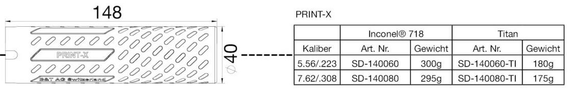 Schalldämpfer B&T AG Rifle suppressor PRINT-X .308 - cal. < 7.7mm - with HUB interface 1.375"-24 (NO adapter included) - made of Titan, 3D printed