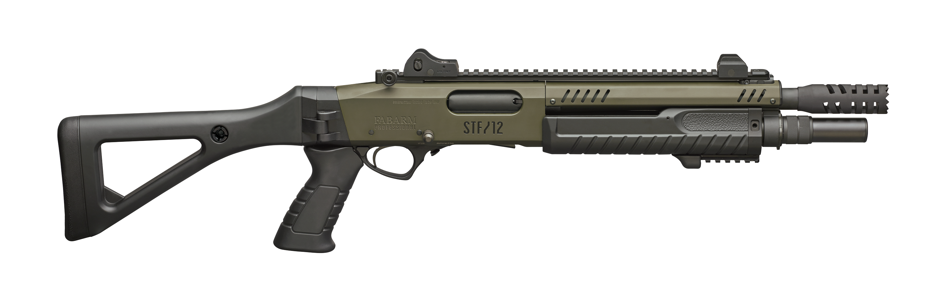 Vorderschaftrepetierer Fabarm STF/12 Compact 12/76 , Mil Spec Green, 11" Lauf, Law Enforcement Version mit zusätzlichen Rails 9 und 3 Uhr, 5+1 Patronen