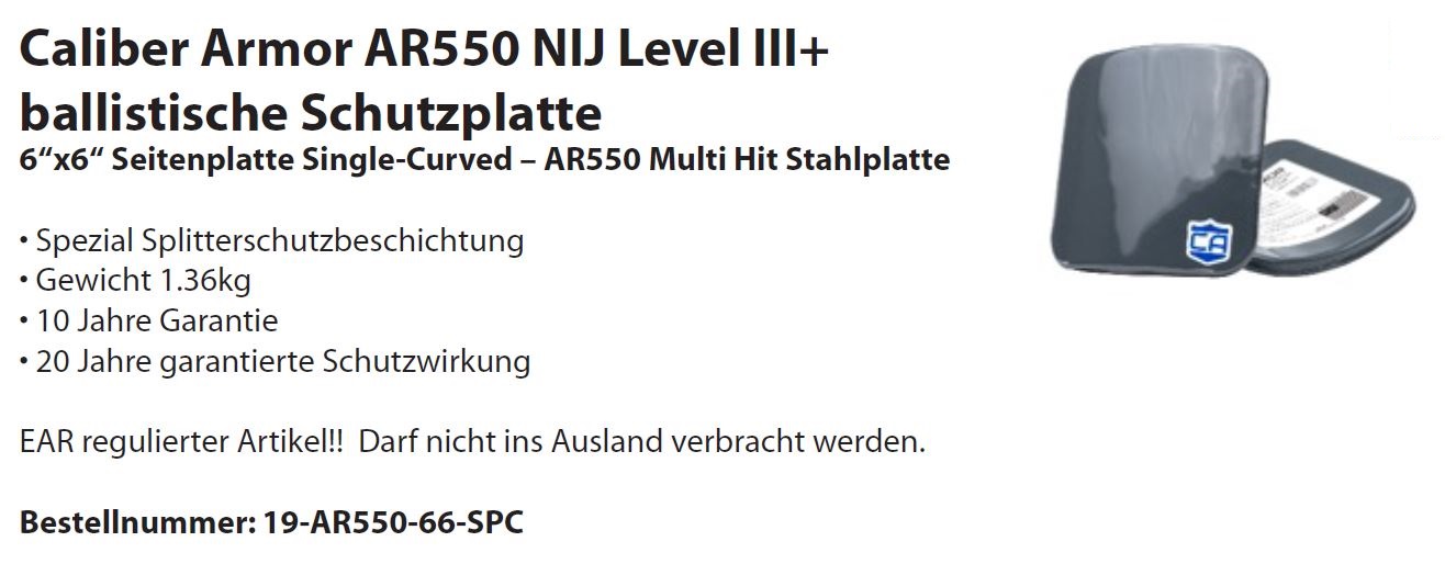 Ballistische Schutzplatte Caliber Armor AR550 NIJ Level III+, 6"x6"