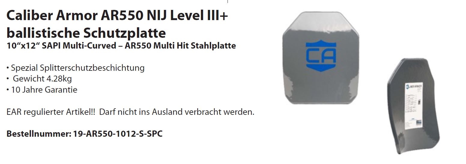 Ballistische Schutzplatte Caliber Armor AR550 NIJ Level III+, 10"x12"