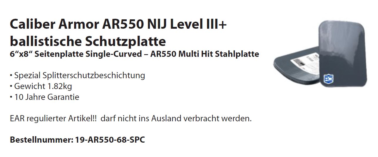 Ballistische Schutzplatte Caliber Armor AR550 NIJ Level III+, 6"x8"