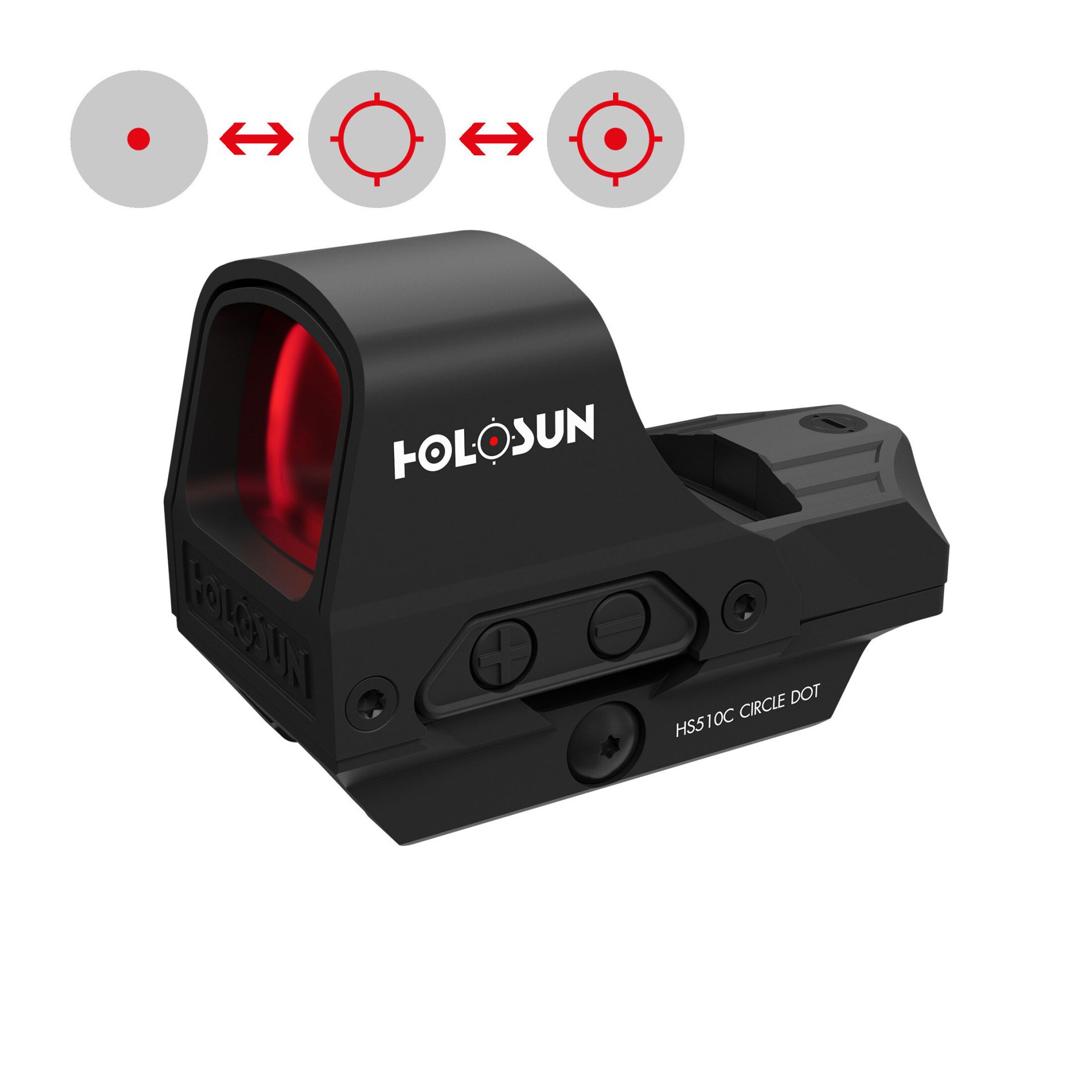 Rotpunktvisier Holosun HS510C-RD-Black  mit rotem Wechselabsehen: 2MOA Dot, 65MOA Cricledot & 65MOA Cricle