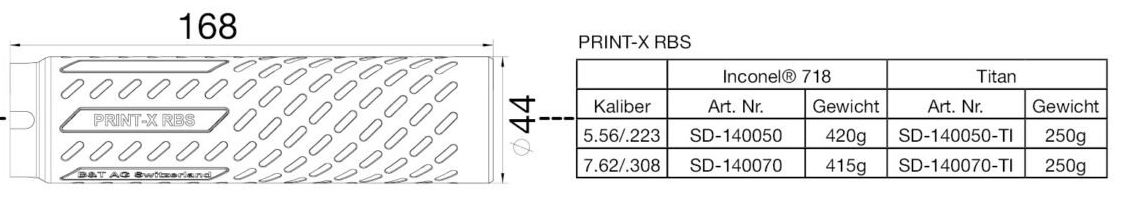Schalldämpfer B&T AG RBS rifle suppressor PRINT-X .308 - cal. < 7.7mm - with HUB interface 1.375"-24 (NO adapter included) - made of Titan, 3D printed