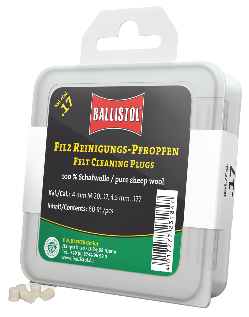 Ballistol Filz Reinigungs-Pfropfen Klassik, ohne Loch, Kal. .17, 60 Stk. (für Kal. 4mm M20, .17, 4.5mm, .177)